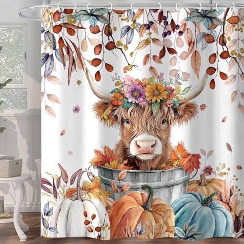 Fall Pumpkin Highland Cow Shower Curtain, Thanksgiving Autumn Farmhouse Animal Harvest Seasonal Decor Bathroom Curtains, Waterproof Fabric Polyester with Hooks, 72x72 Inch