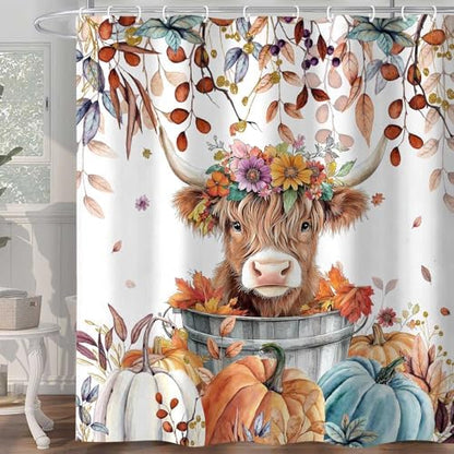 Fall Pumpkin Highland Cow Shower Curtain, Thanksgiving Autumn Farmhouse Animal Harvest Seasonal Decor Bathroom Curtains, Waterproof Fabric Polyester with Hooks, 72x72 Inch