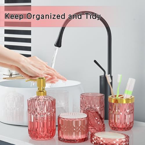 New Pink Glass Bathroom Accessories Set 5 Pcs, Pink Bathroom Set, Soap Dispenser and Toothbrush Holder Set, Qtip Holder Set, Vintage Bathroom Sink Set, Cute Bathroom Decor