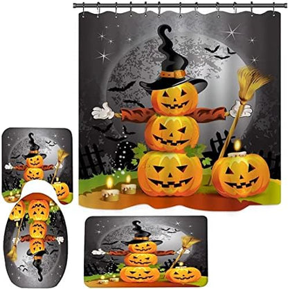 NBVKO Halloween Pumpkin Waterproof Curtain,with Non-Slip Rugs,Toilet Lid Cover and Bath Mat,Bathroom Shower Decor Accessory Set