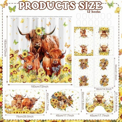 FuWeave 8 Pcs Highland Cow Shower Curtain Set, Sunflower Bathroom Set