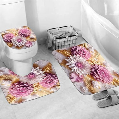 Chrainy 4pcs Pink Flowers Shower Cutain Bathroom Decor Sets with Rugs