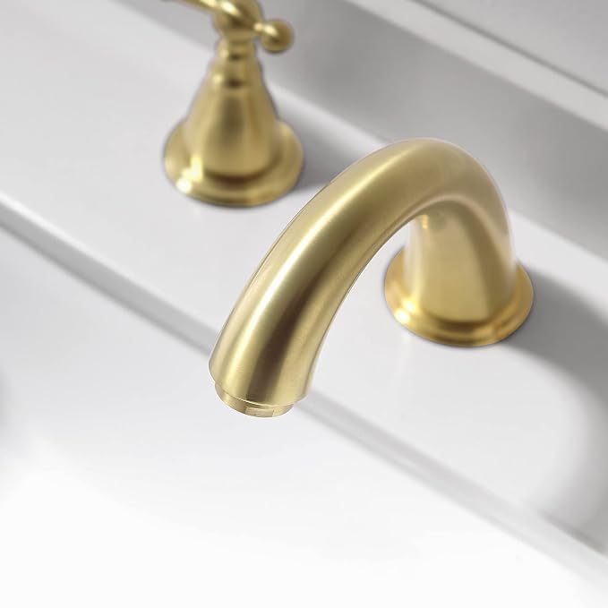 Widespread Brushed Gold 8 Inch 3 Hole 2-Handle Bathroom Faucet with Metal Pop-Up Drain Assembly, Low Arc Bathroom Sink Faucet, WF008-4-BG