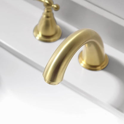 Widespread Brushed Gold 8 Inch 3 Hole 2-Handle Bathroom Faucet with Metal Pop-Up Drain Assembly, Low Arc Bathroom Sink Faucet, WF008-4-BG