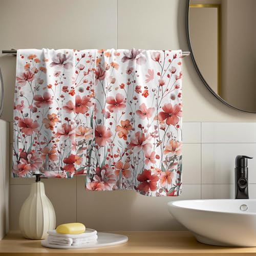 Wildflowers Hand Towel Set of 2, 14x28 Inch Orange Red Floral Butterfly Absorbent Soft Dish Washing Cloth Towels for Farmhouse Kitchen Bathroom Home Hotel Gym Spring Season Decor