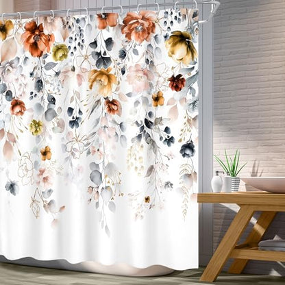 Floral Rustic Wildflower Watercolor Plant Grey Bathroom Shower Curtain Set