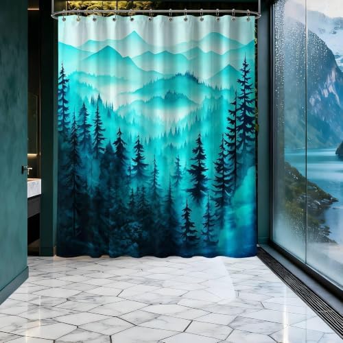 Dark Teal Forest Extra Long Shower Curtain, Tall 72X84 in, Mountain