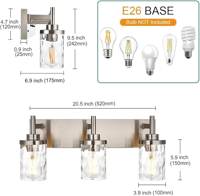 3 Light Bathroom Vanity Lighting Fixtures,Brushed Nickel VanityLighting with Clear Hammered Shade Wall Sconce Lighting Modern Farmhouse Bath Lighting