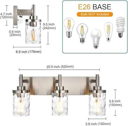3 Light Bathroom Vanity Lighting Fixtures,Brushed Nickel VanityLighting with Clear Hammered Shade Wall Sconce Lighting Modern Farmhouse Bath Lighting