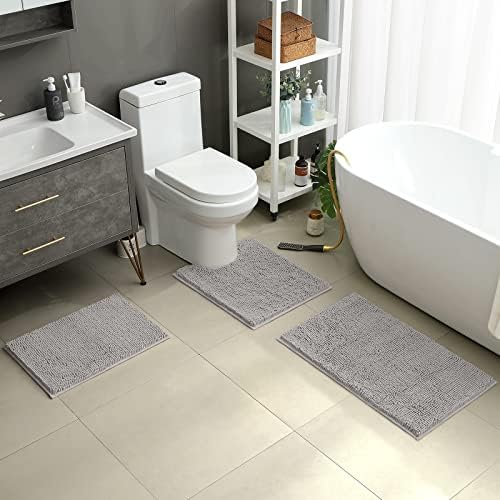 HOMEIDEAS Light Grey Chenille Bathroom Rugs Set of 3, Non Slip Bath Mat