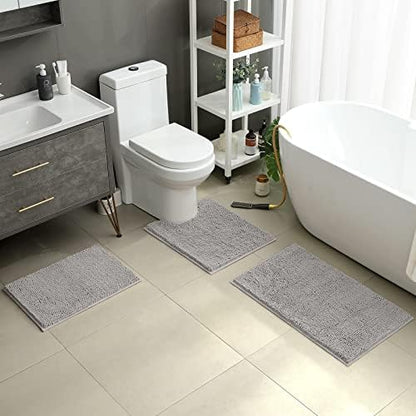 HOMEIDEAS Light Grey Chenille Bathroom Rugs Set of 3, Non Slip Bath Mat