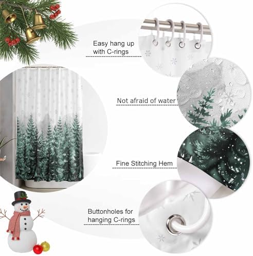 Shower Curtain Bathroom Set Christmas Tree Forest Gradient Green Waterproof Shower Curtains with Grommets Hooks Winter Snowflakes Gray Privacy Bath Curtain for Bathtub Decor 48x72in