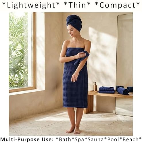 PÜSKÜL Natural 100% Turkish Cotton Waffle Towels Set of 4-Piece, Navy Blue