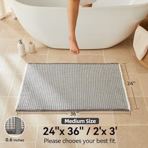 Triohero Waffle Bath Mat, Boho Bathroom Rugs Non Slip, 24x36 Grey & White