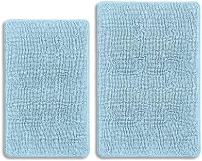 Light Blue Bathroom Rugs Sets 2 Piece – Absorbent and Washable Bath Mat, Non-Slip, Thick Soft Chenille Bath Rugs for Bathroom Floor, Shower, Sink - 20" x 32"+24" x 36"