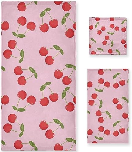 Naanle Soft 1 Bath Towel+1 Hand Towel+1 Washcloth, Cute Cherry Sweet Pattern 3 Towels Set Decor for Home,Bathroom, Hotel, Gym, Spa and Beach