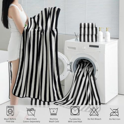 18 Pcs Black White Cabana Stripe Bath Towel Set with Hanging Loop-6 Bath Towels,6 Hand Towels,6 Washcloths Family Towels Set Bathroom Towel Highly Absorbent Quick Dry Shower Towel for Beach Spa Gym