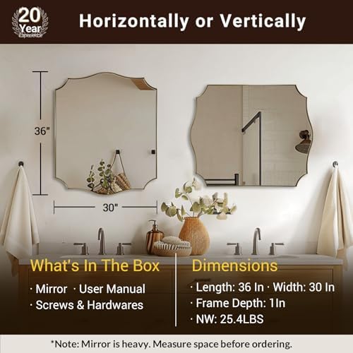 ANDY STAR 30x36 Inch Vanity Wall Mirror, Gold Bathroom Mirror for Over Sink, Champagne Bronze Mirror in Anti-Rust Stainless Steel Frame, Elegant Curved Scallop Design, Ideal for Bathroom, Powder Room