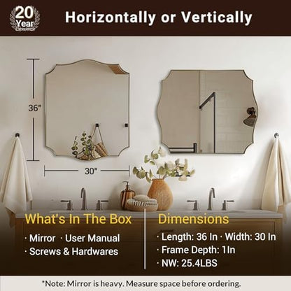 ANDY STAR 30x36 Inch Vanity Wall Mirror, Gold Bathroom Mirror for Over Sink, Champagne Bronze Mirror in Anti-Rust Stainless Steel Frame, Elegant Curved Scallop Design, Ideal for Bathroom, Powder Room
