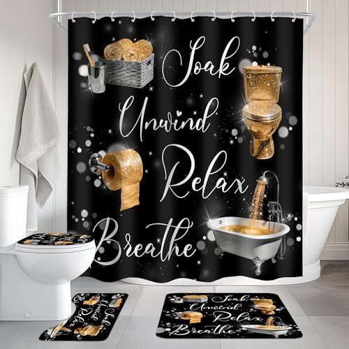 Gold Black Golden Funny Quotes 4Pcs Bathroom Shower Curtain Set with Rugs