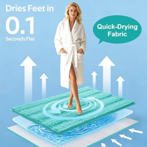 ACCUMTEK Striped Teal Green Bathroom Rug Set 3 Pieces Ultra Soft, Non Slip Chenille Toilet Mat, Absorbent Plush Shaggy Bath Mats for Bathroom, Bedroom, Kitchen, Turquoise
