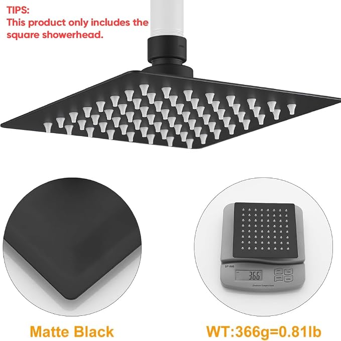 6 In Rain Shower Head High Pressure Rainfall Shower Head Matte Black | Square Rain Bathroom Showerhead, High Flow, Large Stainless Steel, Ceiling Mounted, Wall Mounted, Waterfall Full Body