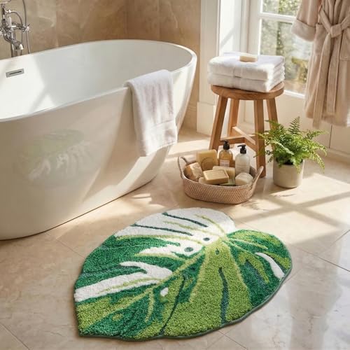 Monstera Bath Mat,Green Leaf Rug 26"X21",Soft Leaf Pattern Bathroom Rug