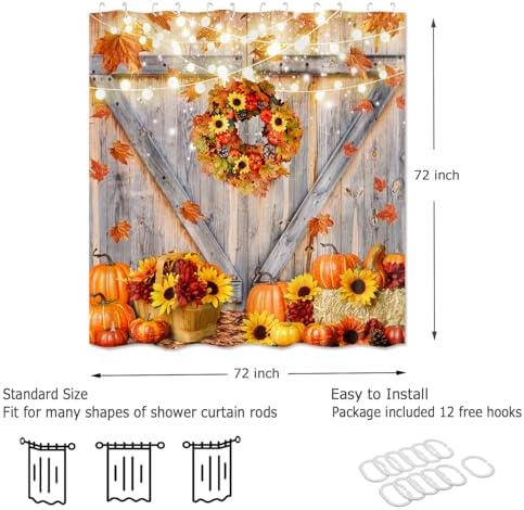 Fall Shower Curtain, Rustic Autumn Pumpkins Wood Barn Door Sunflowers Thanksgiving Harvest Farmhouse Bathroom Decor, Waterproof Cloth Fabric Bath Curtain with Hooks 72 x 72 inch