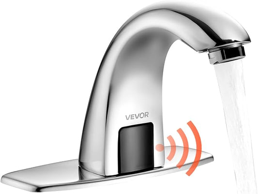 VEVOR Touchless Bathroom Sink Faucet, Automatic Motion Sensor Restroom Toilet Faucet with Hole Cover Plate, Battery Operated,Adjustable Temp for 9/16 in Pipe Commercial Lavatory,Chrome Plated Silver