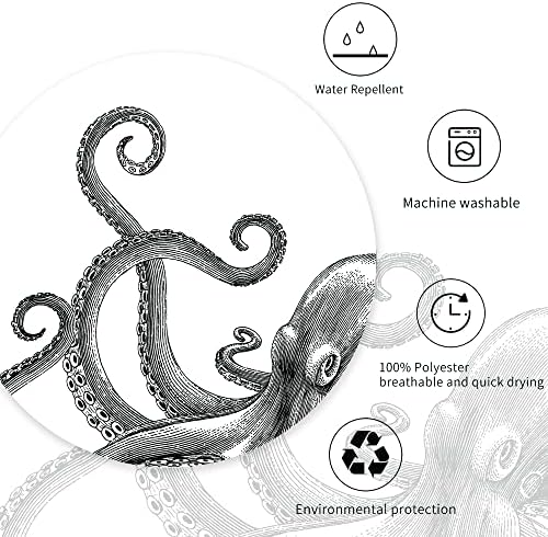 Miyotaa Octopus Kraken Shower Curtain Set 60Wx71H Inches Nautical Ocean Tentacles Sea Creatures Mythical Black White Polyester Waterproof Bathroom Curtain with 12 Hooks