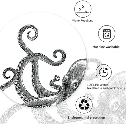 Miyotaa Octopus Kraken Shower Curtain Set 60Wx71H Inches Nautical Ocean Tentacles Sea Creatures Mythical Black White Polyester Waterproof Bathroom Curtain with 12 Hooks