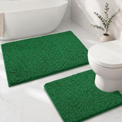 Bathroom Rugs Sets 2 Piece,Super Absorbent Soft,Thick,Machine Washable Chenille Bath Mat,Non Slip Toilet Floor Rug,Bath Mats for Bathroom,20x32 Plus 20x20 U Shape,Dark Green