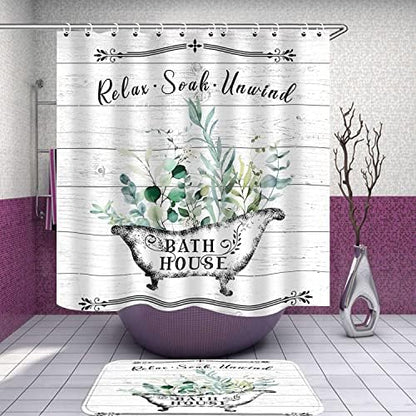 Nkzply 4 Pcs Farmhouse Shower Curtain Rustic Bathroom Sets with Shower Curtain and Rugs Floral Shower Curtain Set Green Leaves Bathroom Decor Vintage Bathroom Rugs Set Toilet Lid Cover Hooks