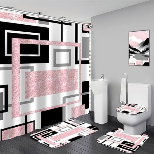 Yddsky 4 Pcs Pink Geometric Shower Curtain Set with Rugs Bathroom Set