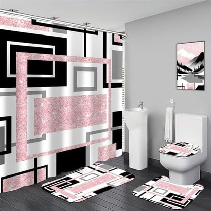 Yddsky 4 Pcs Pink Geometric Shower Curtain Set with Rugs Bathroom Set