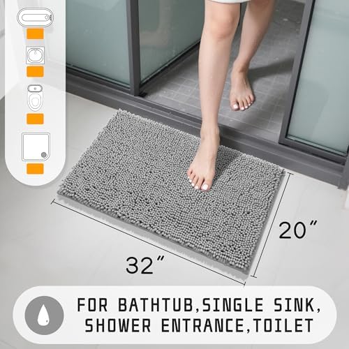 Yimobra Washable Bathroom Rugs, Super Soft & Absorbent Chenille Bath Mat for Floor & Carpet, Quick Dry Non Slip Bath Mat for Tub Shower, 32"x20",Gray