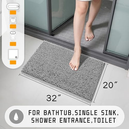 Yimobra Washable Bathroom Rugs, Super Soft & Absorbent Chenille Bath Mat for Floor & Carpet, Quick Dry Non Slip Bath Mat for Tub Shower, 32"x20",Gray