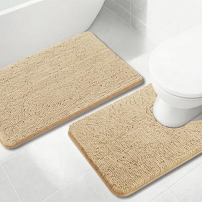 Bathroom Rugs Chenille, Extra Thick and Absorbent, Non-Slip, Machine Washable, Dry Quckily, Soft Cozy Plush, Used Under Shower Bathtub and Sink, Bath mat Sets Camel