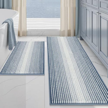 BSICPRO Bathroom Rugs Sets 2 Piece, Non Slip Striped Bath Mats, Fog Blue