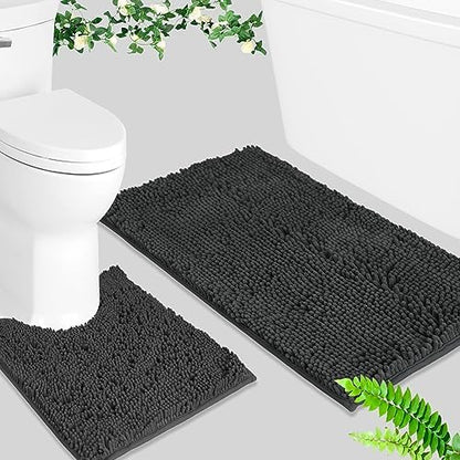 BOANKODU Bathroom Rugs Sets 2 Piece, Absorbent Bath Mat for Bathroom Very Soft Chenille Non-Slip, 32x20 Inch + 20x20 Inch U Shape Bathroom Mat, Machine Washable Bath Rugs (Grey)