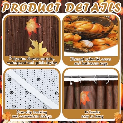 Honoson 8 Pcs Fall Shower Curtain Set Pumpkin Bathroom Decor