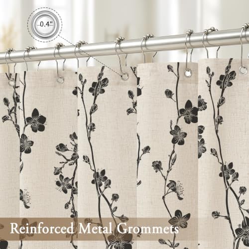Gibelle Black Farmhouse Linen Shower Curtain, Boho Floral Fabric, 72 x 78