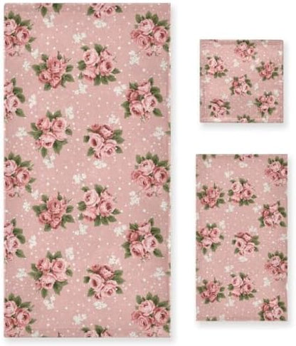 Naanle Beautiful Vintage Rose Floral Soft Luxury Decorative 3 Pieces Towels Set, 1 Bath Towel+1 Hand Towel+1 Washcloth, Multipurpose for Bathroom, Hotel, Gym, Spa and Kitchen