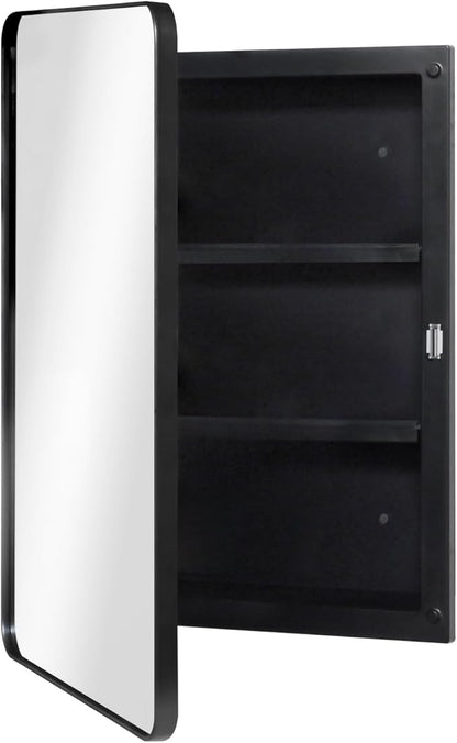 Fundin Plastic Black Medicine Cabinet, Mirror Door with Round Corner Metal Frame, Recessed and Surface Mount Bathroom Medicine Cabinet, 16 x 22 inch Mirror Size
