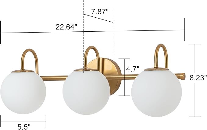 Bathroom Vanity Light, 22.6-Inch Modern Dimmable 3-Light Bathroom Light Fixture Over Mirror, Brass Finish with Frosted Glass Globe Wall Sconce
