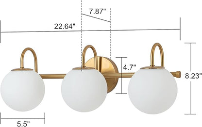 Bathroom Vanity Light, 22.6-Inch Modern Dimmable 3-Light Bathroom Light Fixture Over Mirror, Brass Finish with Frosted Glass Globe Wall Sconce