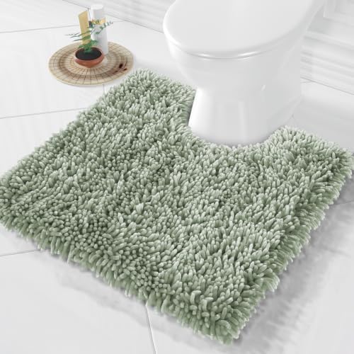 Yimobra Toilet Rugs U Shaped Washable, Extra Thick Soft Absorbent Chenille Contour Bathroom Rugs for Toilet 24x20 Inch, Quick Dry Non Slip Toilet Mat for Bath Floor, Sage Green