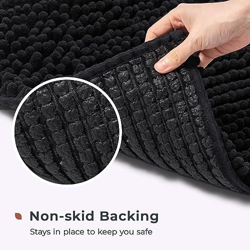 FRESHMINT Bath Mat 32’x20’, High Pile Chenille, Soft Absorbent Microfiber Rug, Non-Slip Black