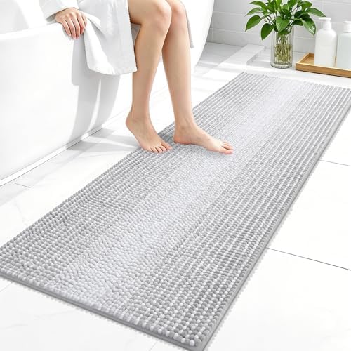 OLANLY Bathroom Runner Rugs 47x20, Chenille Striped Bath Rugs, Light Grey
