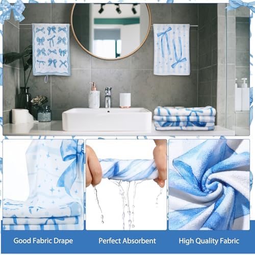 FuWeave 8 Pcs Blue Shower Curtain Set Coquette Blue Bathroom Decor Aesthetic Bow Knot Waterproof Shower Curtain Towels Non Slip Rug Toilet Lid Cover Bath Mat with 12 Hooks for Women Home Bath